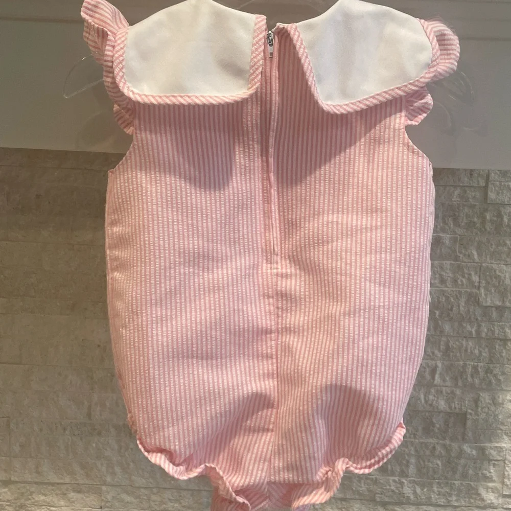 Pink Seersucker Baby Girl Bubble Romper with Tulip Embroidery